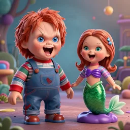 screaming chucky doll as the little mermaid, the little mermaid as a screaming chucky doll by greg rutkowski and thomas kinkade, trending on artstation, 3 d render octane