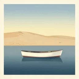 a boat on stylized water at bassin d'arcachon a sand dune in the background with the sky above, australian tonalism, pale gradients design, matte drawing, clean and simple design, outrun color palette. a vintage neo retro poster painted by Morandi, Agnes Pelton