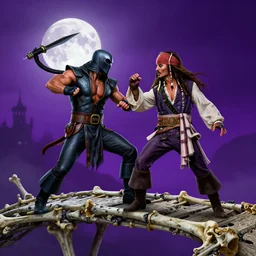 the Mortal Kombat character 'Scorpion' ,fighting against Jack Sparrow, on a bridge made out of bones, under a full moon, purple skies, mysterious, concept art