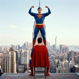 superman from back sitting on chair standing on top of the empire state building strong stance photo by annie leibovitz