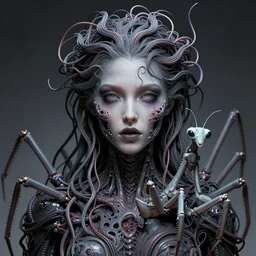 beautiful possessed female android fused with lovecraft, cosmic entity, the thing, mantis, the blob, cable wires as hair, ghostly, holes in the lower jaw, gnarly, portrait, intricate details, by vincent di fate, artgerm, julie bell, beeple and Greg Rutkowski, 80s, concept, Smooth gradients, octane render, 8k, High contrast, duo tone, depth of field, very coherent symmetrical artwork