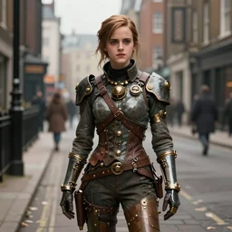 Emma Watson as a steampunk soldier, in a Victorian London street, steampunk digital art, trending on ArtStation