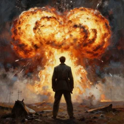 high quality high detail painting by ilya repin, man standing in front of huge explosion, hd