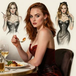 sophie turner as a tattooed pinup eating dinner, character sheet, character design, contrast, deep focus, turnaround, highly detailed, dramatic lighting, digital painting, artstation, concept art, matte, sharp focus, illustration, elegant, art by artgerm and greg f and alphonse mucha.