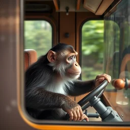photo of a monkey driving a train