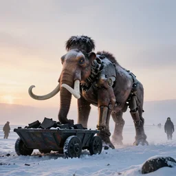 “photo of one biomechanical mammoth in an arctic storm with fog and blizzard, the mammoth drags old coal wagons with snow, it's a sunset photo with cold tones, some people around ”
