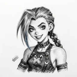 a pencil handrawn portrait of jinx from arcane league of legends, black and white