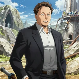 Elon musk in attack on titan, anime theme 4k beautiful anime visuals intense action anime