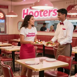 inside Femboy Hooters restaurant where waiters are serving tables