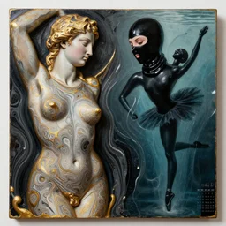 two beautiful female body carved sculpture with golden edges, photgraphy by amy leibowitz, voronoi pattern melting, pseudofigurative beautiful marbling acrylic fluid portrait, renaissance painting by michaelangelo, matte fresco, black latex female balaclava, female calendar, ballerina body covered with black latex, underwater, concept art, melting glass, close up portrait, cinematic still, film still, kandinski, fashion portrait, black colors, sketch