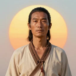 chinese tribe man and huge sun in background