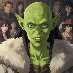 a female orc with dull fangs and olive green skin | | very anime, fur overcoat, fine - face, pretty face, realistic shaded perfect face, fine details. anime. realistic shaded lighting poster by ilya kuvshinov, katsuhiro otomo, greg rutkowski, magali villeneuve, artgerm, jeremy lipkin and michael garmash and rob rey