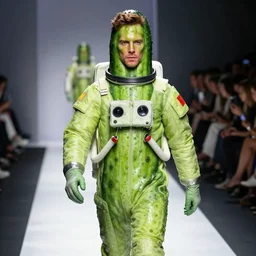 green slimy spotty astronaut benedict cumberbatch face costume cucumber with human head!!! on a catwalk