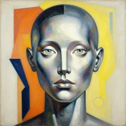 asymmetrical portrait headshot of sci fi metallic human, bright eyes, melancholic complex geometric figure liminal biomechanics by oskar schlemmer, moebius, john berkey, film grain, oil on canvas, portrait facial head, featured on artstation, hd wallpaper, 8 k, bright colors, global radiant light