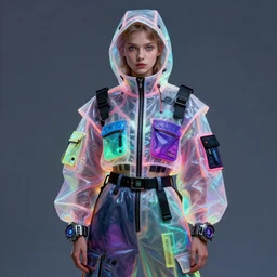 a portrait of a russian girl detailed features wearing a futuristic coiat brights, utility chic, sheer fabrics, zippers, belts & velcro galore, big techno watches, cargo pants, designed by balenciaga by cgi rtx hdr painting bioluminance alena aenami artworks in 4 kby jesper ejsing, feng zhu and loish beeple