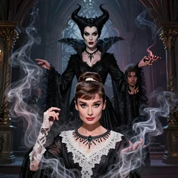 a mix of of lily cole, anya taylor - joy and audry hepburn, evil sorceress witch, victorian manor, hyperrealism, octane render, extremely detailed, intricate smoke magic, lace, style of mark ryden, earl nore, hyung tae, frank frazetta