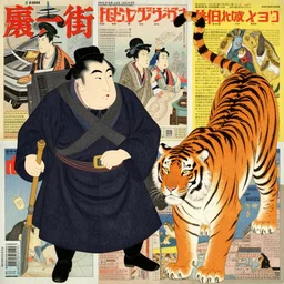 a delorean and a tiger, colourful magazine collage, art by hsiao - ron cheng and utagawa kunisada