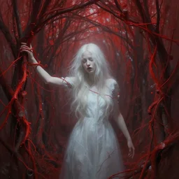 a woman in a tunnel of red vines. the vines are grabbing her arm. ethereal horror fantasy art by artgerm and greg rutkowski