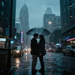 The cyberpunk city in the rain, with a lighting full of hope and love