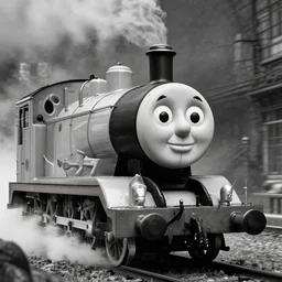 Thomas the Tank Engine in Unspeakable Agony by H.R. Giger. Grayscale.