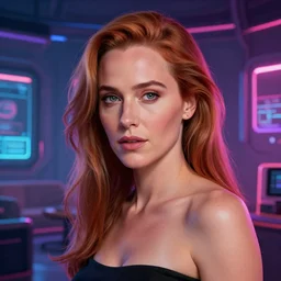 Portrait of young Gillian Anderson  in a cyberpunk appartment , neon lighting, model, HDR, 24MP, fantasy, high detail, elegant, digital painting, rossdraws global illumination, vibrant, intricate, textured skin, highly detailed, artstation, sharp, focus, illustration, Anna Dittmann, Ilya Kuvshinov, Nikolay Makovsky