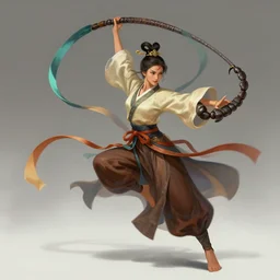 full body portrait of a barefoot dancer using silk belts as weapons, barefoot, tanned, vivacious, athletic, hanfu, fully clothed, chinese ribbon dance, silk belt, scorpion whip, battle, wuxia, martial arts, ming dynasty, detailed, anatomically accurate, fantasy illustration, dungeons and dragons, artstation, ghostblade, wlop.