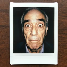 A old man with a giant eyebrow looking scared to the camera, polaroid photo, colored, award winning