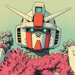 risograph grainy drawing vintage sci - fi, satoshi kon color palette, gigantic gundam full - body covered in dead coral reef, 1 9 8 0, kodachrome, natural colors, codex seraphinianus painting by moebius and satoshi kon and dirk dzimirsky close - up portrait