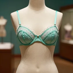 the film still photographed image is a vintage brassiere from the 1 9 4 0 s. the undergarment brassiere is inspired by teal mint cottagecore. it is displayed on a mannequin in a museum exhibit. vibrant cinematography, anamorphic lenses, upscale, hyper realistic photo, crisp, detailed image in 8 k resolution.