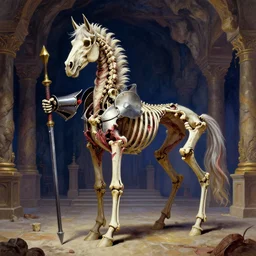Saturated colors, colorful. A spiked horse skeleton with armored joints stands in a large cavernous throne room with halberd in hand. Massive shoulderplates. Extremely high detail, realistic, fantasy art, solo, masterpiece, bones, ripped flesh, art by Zdzisław Beksiński, Arthur Rackham, Dariusz Zawadzki, Harry Clarke