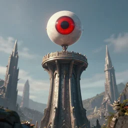 high round tower with a huge red eye of sauron floating at the top, sharp towers in background, artstation award winner, octane render, realistic