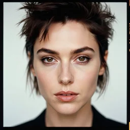 kodak portra 4 0 0, 8 k, highly detailed, britt marling style, mario testino style, 3 / 4 photographic close - up face of a beautiful gal gadot with 1 9 9 0 s punk hairstyle, 1 9 9 0, 1 9 9 0 s style, symmetrical, hasselblad x 1 d - 5 0 c, medium format, soft light