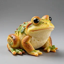 an edible ( ( frog ) ) sculpture! made entirely out of bread!!!!!!!!!!, food photography, studio lighting, delicious