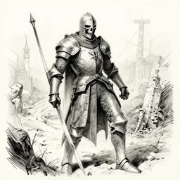 ink sketch detailed of a dead knight in the path, fantasy, frank miller