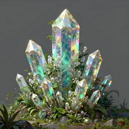 rainbow mountain in peru, iridescent diaphanous refractive and reflective crystal crystalline pearly, verdant, lush, overgrown, fantasy, intricate, elegant, highly detailed, digital painting, artstation, concept art, matte, sharp focus, illustration, hearthstone, art by artgerm and greg rutkowski and alphonse mucha