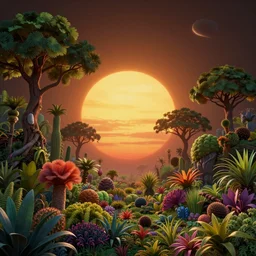 sunrise in alien planet, full of vegetation, colourful plants, trees, matte painting, high detail, artstation