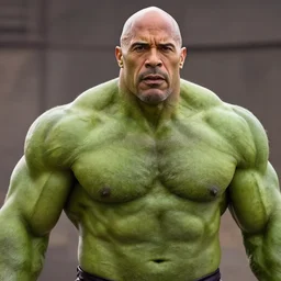 a still portrait dwayne johnson as a bald green all over incredible hulk with a beard, cinematic, shallow depth of field