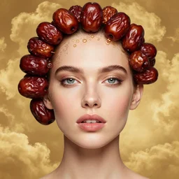 epic portrait of beautiful female face supermodel portrait with sweet fruit dates fractals by amy leibowitz, wlop, jeremy lipkin, beeple, intricate, artgerm, ilya kuvshinov, golden clouds background