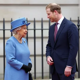 a photo of the queen of England in 2045 greeting the prince of Wales