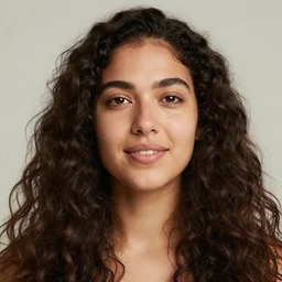 sour woman, long face, flat nose, convex mouth, buckteeth, long curly hair