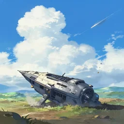 a spaceship crashed into a foreign planet. The spaceship is buried in the ground. beautiful blue sky with large white anime clouds. in the style of digital art, artstation trending, rossdraws, breath of the wild, Makoto Shinkai, ghibli