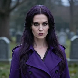 full portrait of beautiful necromancer woman in the graveyard, face details, purple trench coat, paleskin, black eyes, high fantasy, dnd, highly detailed, manga illustration, by kurone mishima!!