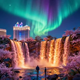 las vegas strip on waiʻanapanapa state park during rgb season with interstellar crystalized aurora borealis diamond sky, blazing fire waterfalls, lush sakura, by peter mohrbacher, james jean, james gilleard, greg rutkowski, rule of thirds, octane render, beautiful