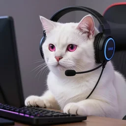 White cat with dark pink eyes who is gaming with a headset on, hyperdetailed, artstation, cgsociety, 8k