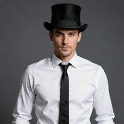 handsome man wearing a white shirt and necktie and a top hat, medium shot, photography, high quality, studio lighting, 4k,