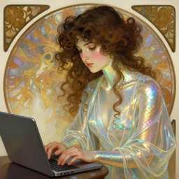 a digital illustration of a brunette girl with curly hair working on her laptop, iridescent scaled skin, refraction and reflections, translucent, shawl, artstation, painting by alphonse mucha and bouguereau and ruan jia and conrad roset