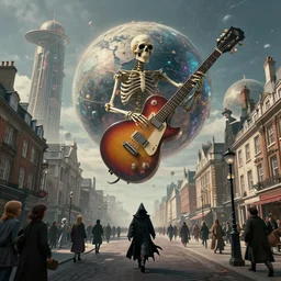 the simulation is set to fly through the orb of madness, celestial towers, skeleton guitar surreal, plague doctor walking the streets of london, simulacrums, * * * * by antoine wiertz and noah bradley, visually stunning, cinematic, * * ultra realistic, hyper realism, 1 2 k, epic, octane render, unreal engine, vfx, maya * *