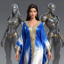 a beautiful woman  wearing a blue and white  kaftan made of silk with golden ornaments and diamonds by alex gray and android jones , Karol Bak, Ayami Kojima, Amano , concept art, character design, fantasy,3D, 8k resolution