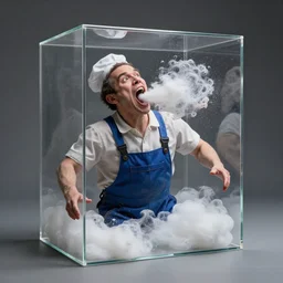a perfect destitute portrait photograph of a divine humanoid janitor ludicrously squeezed into a perspex cube. their gaping mouth is erupting with expanding fractal foam.