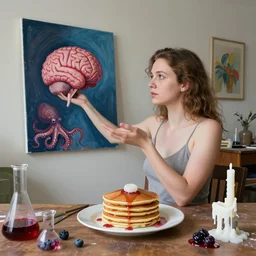 sensual, a portrait in a female art student's apartment, pancakes, woman holding a brain reaching out from inside a painting, berries, octopus, scientific glassware, art supplies, a candle dripping white wax, berry juice drips, neo - expressionism, surrealism, acrylic and spray paint and oilstick on canvas